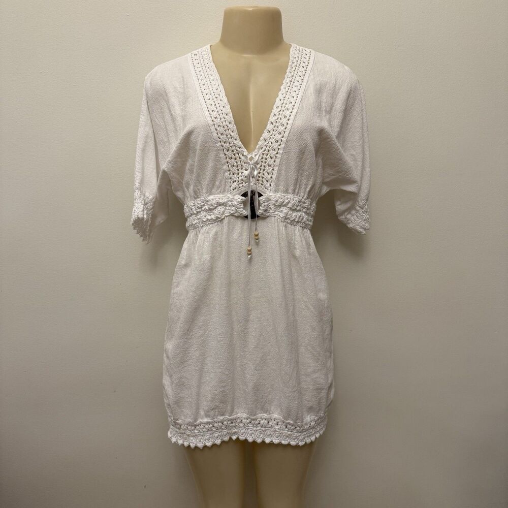 Cotton Collection White V Neck Beach Dress Lace Boho Coastal Cowgirl Cottage S